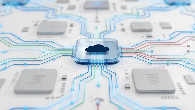 Cloud computing microchip animation video on digital motherboard network, data storage and transfer technology, online infrastructure system and futuristic connectivity concept