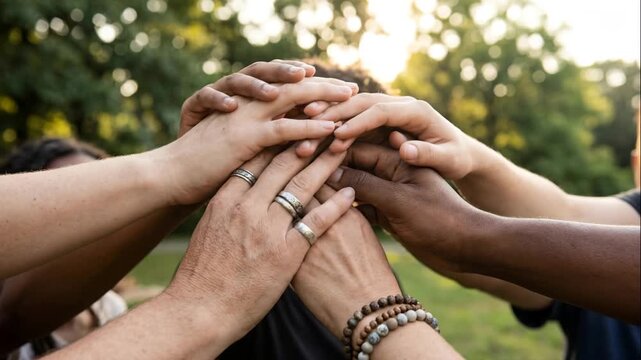 Team collaboration in nature. Diverse hands come together in unity and support. Outdoor teamwork symbolizes strength and community spirit. Positive atmosphere shines through as sunlight filters.