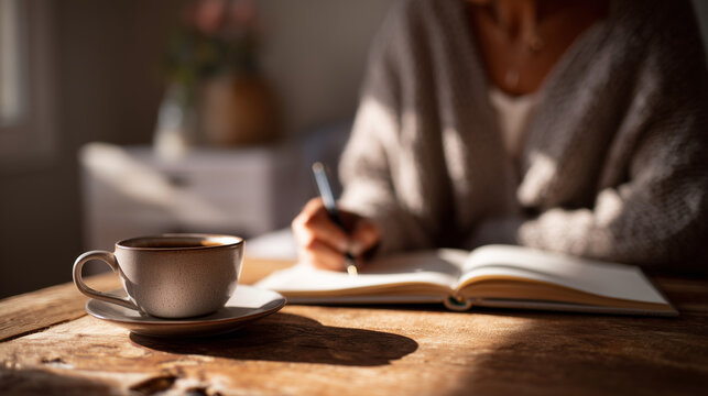 Woman writing in journal with coffee on table, morning light, calm slow living atmosphere, photorealistic, natural light, authentic lifestyle, real life, candid moment, morning rou