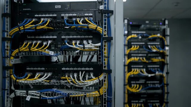 Medium angle showing layered network equipment with carefully labeled cables running through cable management trays ideal for a small business server room.