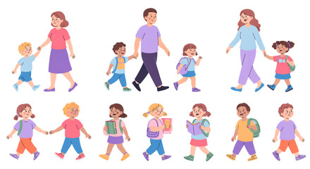 Fototapeta premium A colorful vector illustration of adults and children walking together in a flat design style on transparent background