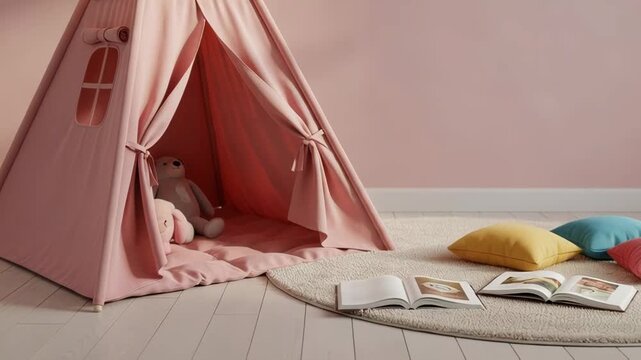 Children play tent set up as a cozy reading nook in a pastel bedroom with cushions fairy lights plush toys and open books for quiet imaginative playtime