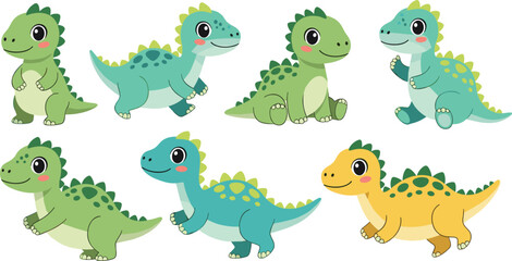 Cute Baby Dinosaur Cartoon Vector Set with Adorable Dino Characters, Colorful Prehistoric Animals, and Funny Kids Jurassic Illustration Collection © Najir