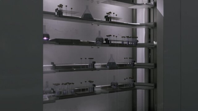 Secure glass armory display with rifles, multiple shelves with precision rifles, modular optics, suppressors, labeled storage, soft purple backlight, controlled