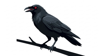 Fototapeta premium Black Crow Raven Perched on Branch Illustration