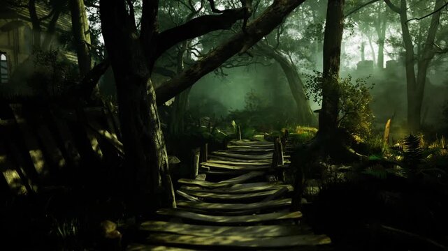A winding wooden path leads deeper into an enchanting forest, where soft light filters through thick trees. The scene is rich with greenery and a sense of adventure awaits.