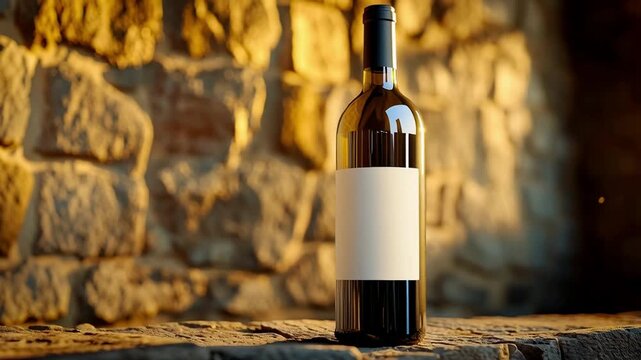 Refined bottle of red wine standing on stone ledge. Rustic cellar background is illuminated by warm, golden light from window