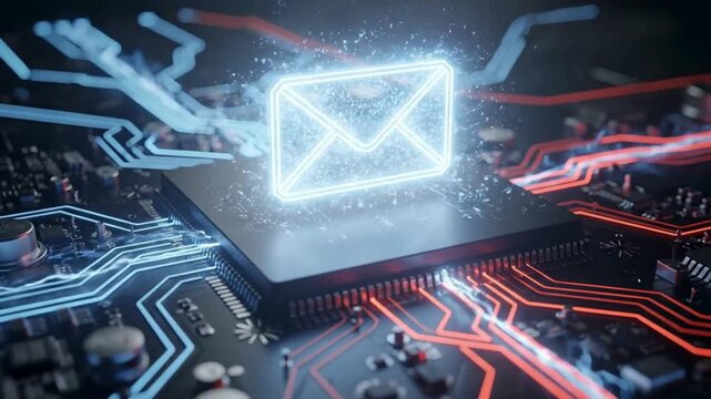Email communication microchip animation video on digital motherboard circuit, online messaging technology, data transfer network and futuristic electronic mail system concept