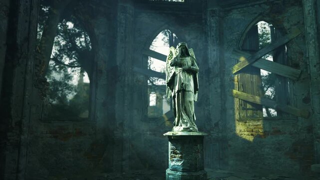 Amidst crumbling walls and whispers of the past, an angel statue presides over a forsaken place. Natural light filters through shattered windows, casting an ethereal glow on its surface.