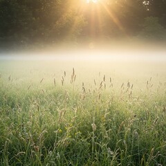 Obraz premium An enchanted meadow glowing with magical sunlight and covered in a gentle haze, perfect for abstract natural fantasy backdrops, background, serene, atmosphere