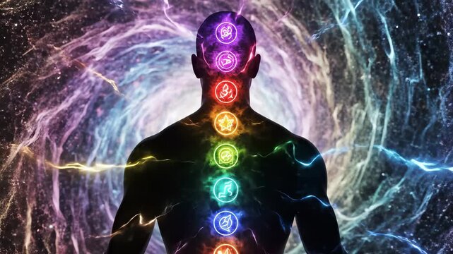 Meditation practice with chakra alignment. Individual sits in calm space, absorbing positive energy. Spiritual atmosphere promotes healing and mindfulness.