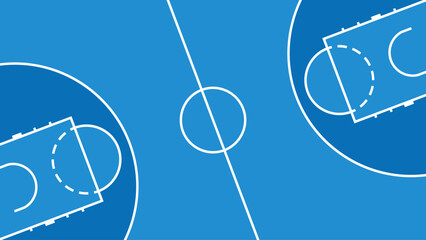 Blue basketball court's layout with white lines on a solid blue surface, white boundary lines, and dark blue zones. © Anamarija