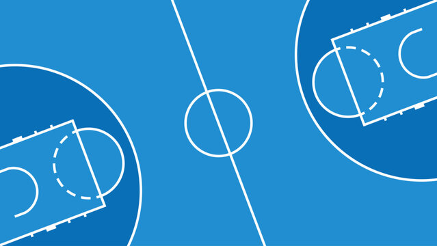 Blue basketball court's layout with white lines on a solid blue surface, white boundary lines, and dark blue zones.
