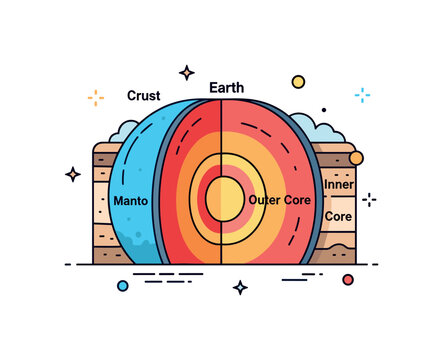 Earth layers illustrated as a cross-section showing crust, mantle, outer core, and inner core with subtle color gradients, highlighting geological structure