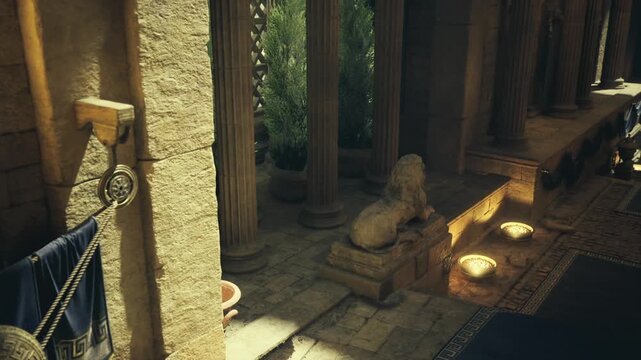 long stone gallery with reclining lion sculptures and recessed lights, rhythmic columns and runner create strong perspective and warm glow, cinematic corridor