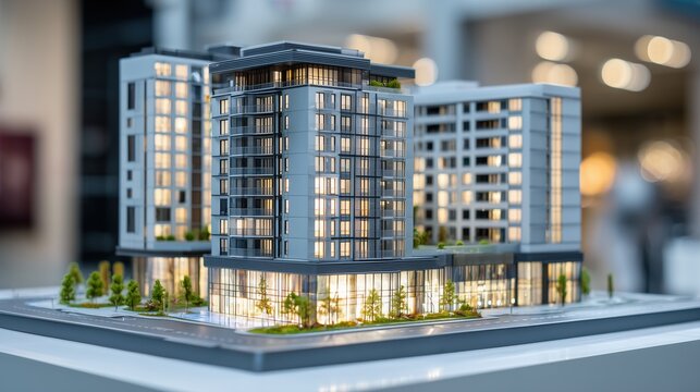 Mixed Use Residential Complex Scale Model with Glowing Retail Podium and Miniature Trees on White Table, Modern Mid Rise Apartment Building Architectural Scale Model, Two Building Urban Scale Model