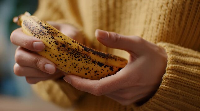 Person Holding Overripe Banana in Hands.