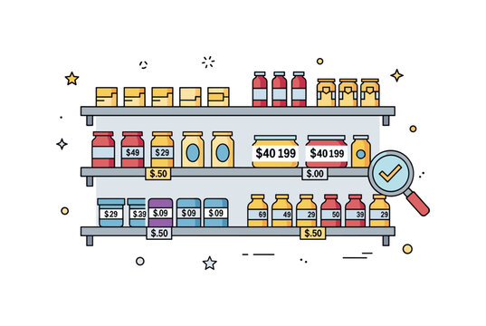 Supermarket aisle comparison concept featuring two shelf sections with clearly marked price labels and a subtle magnifier icon to suggest evaluation. The
