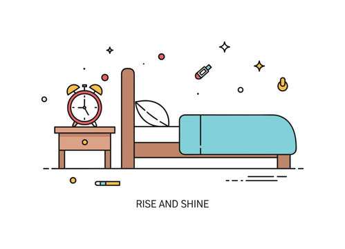 Morning alarm clock placed on a bedside table next to a neatly arranged bed, symbolizing routine and the quiet anticipation of a new day. A subtle ?Rise and