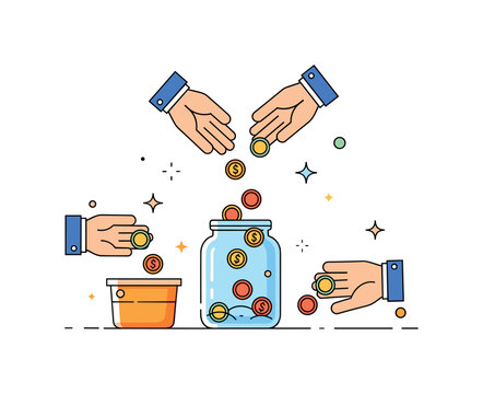 Community fundraising event simplified donation jar with small coins dropping in from multiple hands, subtle star accents emphasizing generosity. A friendly