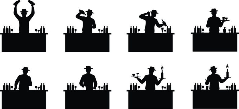 Bartender silhouettes collection, cocktail mixing and serving icons set, bar staff figures with drinks for nightlife, restaurant, hospitality and beverage design
