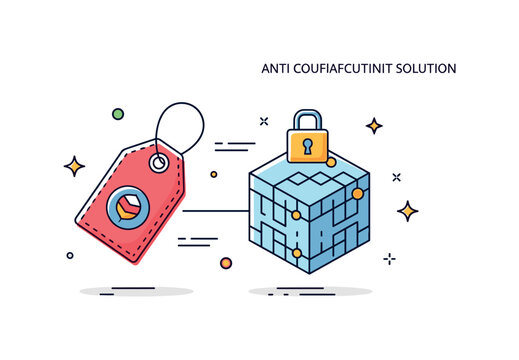 Anti counterfeiting solution product tag icon connected to a blockchain cube with a small lock symbol, conveying authenticity verification. A concise editorial