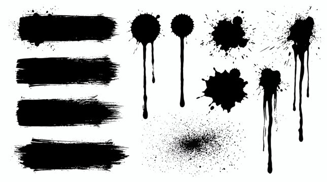 Set of black ink grunge brush strokes and paint splatters on white background, concept for graphic design assets, creative artistic projects and abstract wallpaper backgrounds