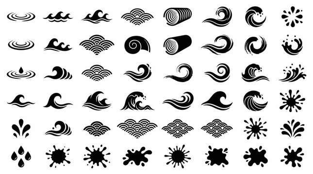Set of black icons featuring various water wave ripples splashes and japanese style sea patterns on white background, concept for graphic design elements, branding assets and logo creation