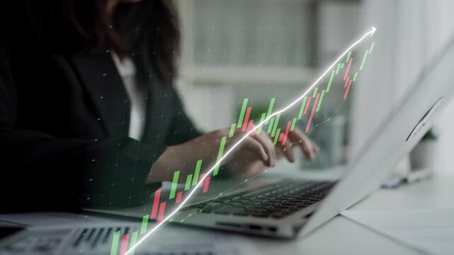 A professional woman engaged in financial analysis using a laptop. The overlay of a growing market trend graph illustrates significant investment opportunities and growth potential. Copula