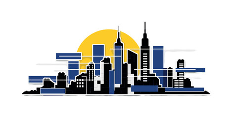 Naklejka premium Black and white LEGO-built city skyline simplified into blocky forms, vivid yellow circle behind like sunrise, deep blue rectangular fragments