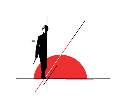 Black and white heir figure walking forward, partially cropped for dynamic framing, bold red half-circle behind like rising destiny, thin diagonal lines adding