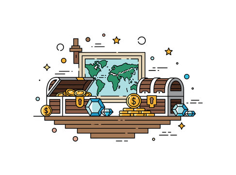 Pirate treasure with chests, gold doubloons, and gemstones on a ship deck under a map, illustrating adventure, discovery, and maritime wealth. Minimalist flat