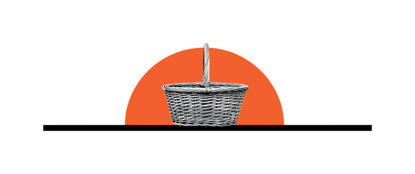Monochrome rustic basket placed slightly off-center, bold orange half-circle behind like warm kitchen light, thin horizontal baseline grounding composition,