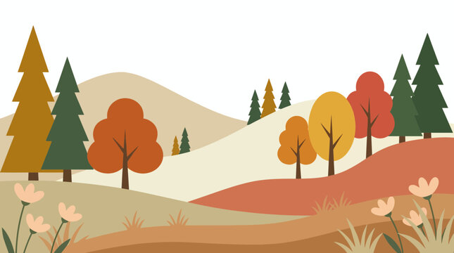 Minimalist vector illustration of rolling hills with colorful autumn trees and flowers on white background, concept for nature wallpaper, travel background and environmental poster design