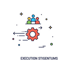 Obraz premium Execution stage momentum built around a gear icon in motion with subtle arrow accents suggesting active development and teamwork. The compact composition