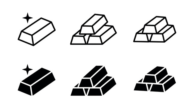 Set of gold bar icons in outline and solid style, concept for financial investment presentation, wealth management strategy and banking asset portfolio
