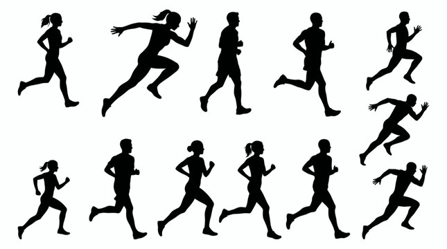 set of black silhouettes of men and women jogging in various running poses, concept for healthy lifestyle promotion, athletic training programs and marathon event marketing