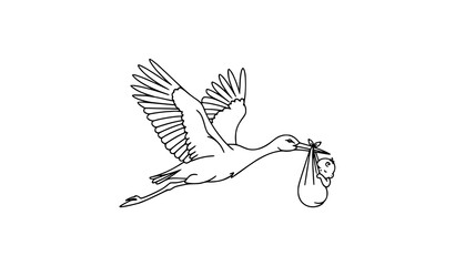 Obraz premium Minimal Black and White Stork Vector Illustration Carrying Baby for Birth and Parenting Projects