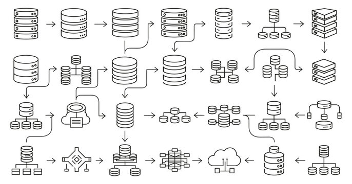 Database architecture vector icons set for cloud storage and data management systemsDatabase architecture vector icons set for cloud storage and data management systems