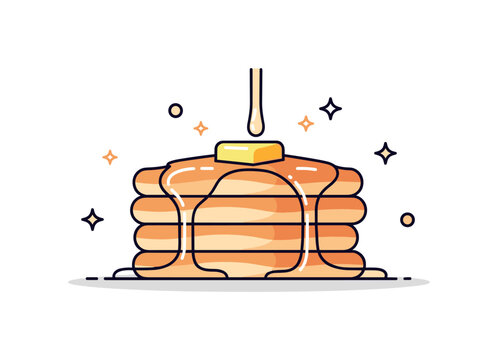 Stack of crispy pancakes with syrup illustrated by a short stack crowned with a pat of butter and smooth syrup flow, accented by tiny sparkle details to