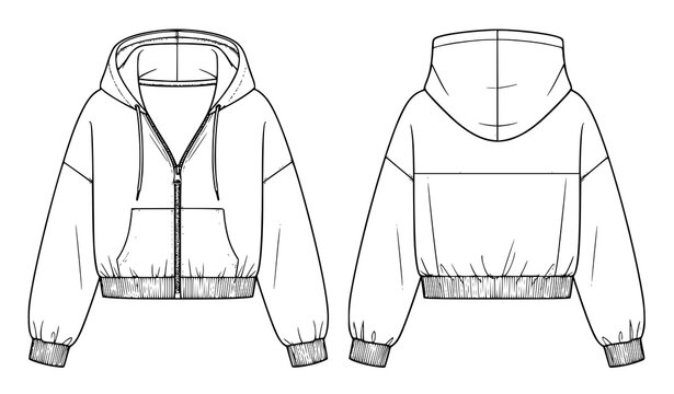 Hooded Sweatshirt Zipped Jacket Flat Technical Vector Illustration for Fashion CAD and Sportswear