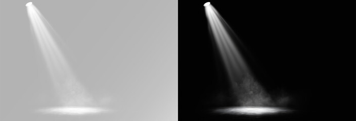 Naklejka premium Spotlight white beam light with dense smoke fog and mist for cinematic stage podium and product showcase