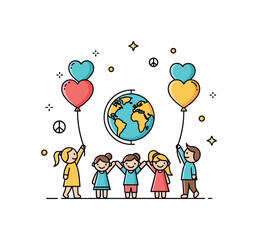 Fototapeta premium Children of the world peace theme shown through small figures holding balloons shaped like hearts around a tiny globe, expressing hope and future harmony.