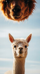Fototapeta premium Close-up of a white alpaca looking forward with a blurred brown alpaca above, set against a blue sky, symbolizing curiosity, nature, and friendly animal interaction