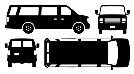 Black passenger van silhouette stands out against a white background. Front, side, rear, and top views are presented in a flat vector technique © Yuri Schmidt