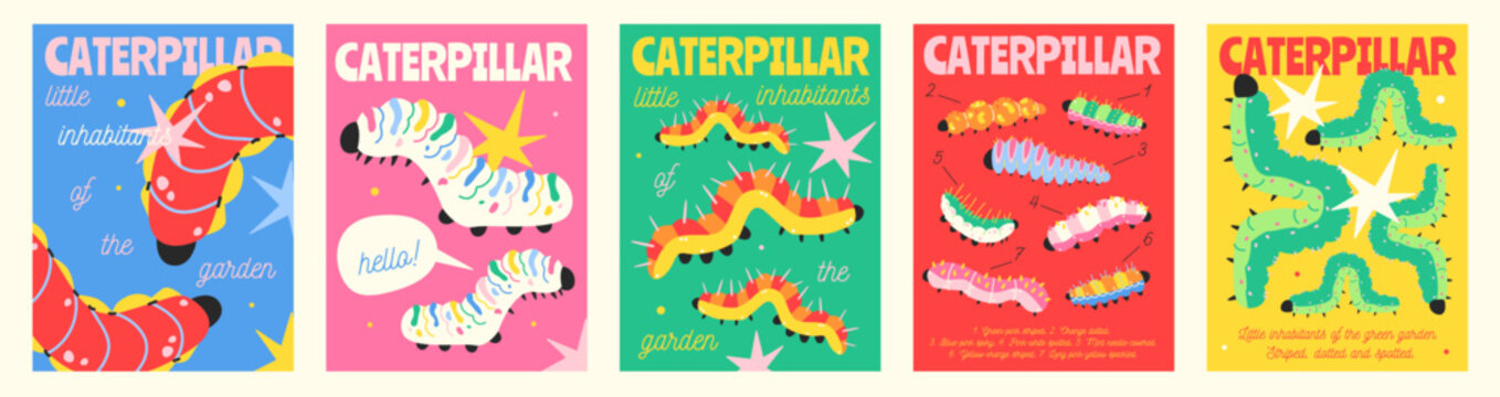 Set of five colorful caterpillar posters in flat cartoon style. Cute insects, bright compositions and playful typography for kids room decor, nursery prints and educational design.