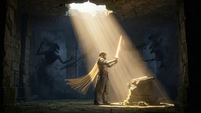 Valiant seeker about to ignite powerful glowing sword amidst ancient wall art