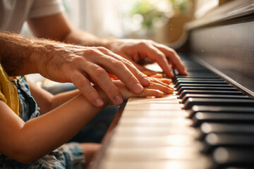 Obraz premium Father and child playing piano together in warm home setting