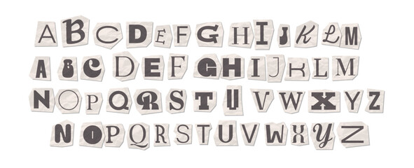 Ransom note alphabet vector set. Anonymous letters cut out from crumpled newspaper and magazine paper. Grunge anonymous text font isolated on white background. Punk typography collage elements. © LanaSham