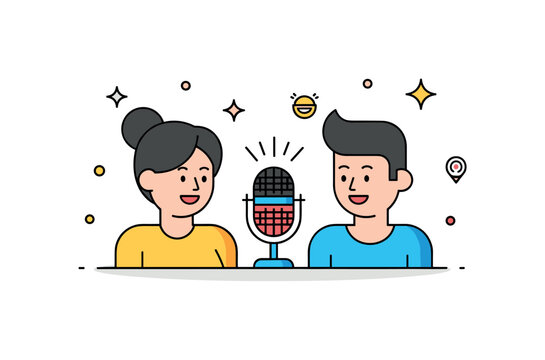 Friends chatting comedy podcast scene featuring a shared microphone between two simplified characters with cheerful expressions, symbolizing casual humor and